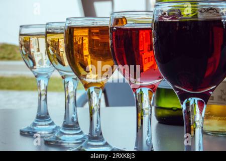 Reihe von kleinen Weingläsern mit verschiedenen Weinsorten. Gläser mit weiß-, Rose- und Rotwein. Weinset. Alkohol- und Getränkehintergrund. Stockfoto