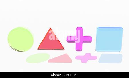 Spielsteuerung grüner Kreis rotes Dreieck rosafarbenes Kreuz und ein blaues quadratisches 3D-Rendering Stockfoto