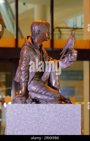 Eine Skulptur Billy Casper aus dem Film „Kes“, die in Barnsley zu Ehren des Drehbuchautors Barry Hines installiert wurde Stockfoto