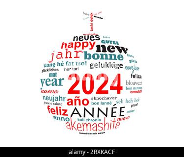 2024-jährige mehrsprachige Textwort-Cloud-Grußkarte in Form eines weihnachtskugels Stockfoto