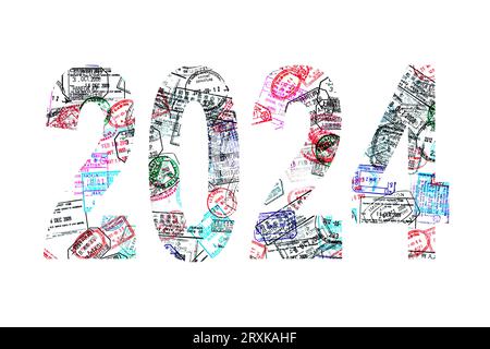 2024 geschrieben mit Passmarken auf weißem Hintergrund, nahes Jahr Reise- und Tourismuskonzept Stockfoto