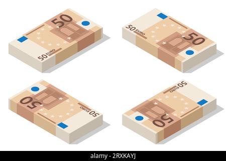 Isometrische Banknoten in Stückelungen von 50 Euro auf weißem Hintergrund. Papiergeld der Europäischen Union: Fünfzig Euro. Stock Vektor