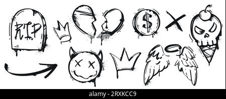 Schwarze Farbspray-Graffiti mit Spritzern und Tropfen. Street Art Set aus Engelsflügeln, Herz, Krone, Schädel und Teufel Aufkleber, Pfeilsymbole im urbanen Stil. Gemalte Elemente isoliert auf weißem Hintergrund. Stock Vektor