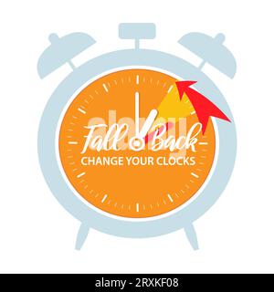 Die Sommerzeit endet. Zurückfallen. Die Uhr wechselt zurück. Einfaches Banner mit orangefarbenem Wecker und einer Stunde nach hinten drehendem Pfeil. Erinnerungszeitplan. Stock Vektor