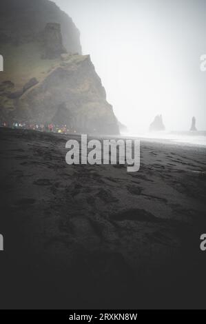 Black Sand Beach Reynisfjara, Island bei bewölktem Himmel, Menschen in der Ferne, vertikale Aufnahme Stockfoto
