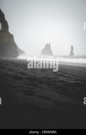 Black Sand Beach Reynisfjara, Island bei bewölktem Himmel, vertikale Aufnahme Stockfoto