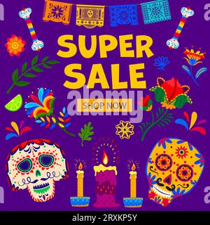 Day of the Dead Sale Banner, Dia de Los Muertos mexikanische Feiertags-Sonderangebot Vektorkarte mit Schädeln und Blumen. Cartoon Calavera Zuckerschädel, Kerzen und Papel Picado Flaggen mit Blumen und Knochen Stock Vektor