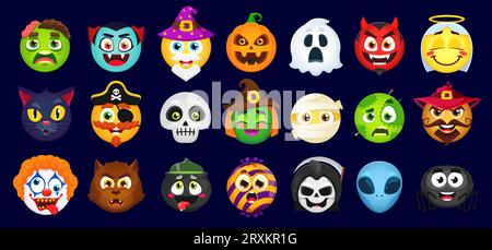 Cartoon Halloween Emoji Set. Vektorzombie, Vampir, Zauberer, Kürbis und Geist. Teufel, Engel, schwarze Katze und Piraten. Schädel, Hexe, Mumie und Voodoo-Puppe mit unheimlichem Clown, Werwolf, Alien oder Kessel Stock Vektor