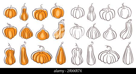 Kürbisse setzen schwarz-weiße Symbole. Halloween-Kollektion. Vektorillustration isoliert auf weißem Hintergrund. Stock Vektor