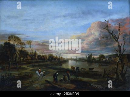 Aert van der Neer - Landschaft bei Sonnenuntergang Aert van der Neer: Niederländisch, Gorinchem 1603/4–1677 Amsterdam 1650er Jahre; Öl auf Leinwand; 20 x 28 1/8 Zoll. (50,8 x 71,4 cm) Stockfoto