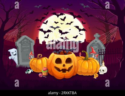 Cartoon Halloween Kürbisse, Süßigkeiten und Wolke von Fledermäusen auf Mitternachtsfriedhof, Vektorhintergrund. Halloween-Feiertag und Trick or treat Horror Night Banner mit gruseligen Kürbissen und Buschgeistern auf dem Friedhof Stock Vektor