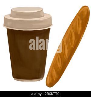 Aquarellisolierte Illustration, Satz Papierbecher mit Deckel und Baguette. Eine Einweg-Tasse heißen Kaffee und französisches Gebäck. Handgezeichnete Abbildung Stockfoto