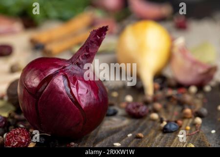 Zwiebelknolle und andere Gewürze auf dem Tisch, während Sie Gerichte der osteuropäischen Küche zubereiten, eine Mischung aus Gewürzen und Zwiebelköpfen auf dem Tisch Stockfoto