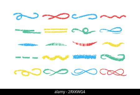 Farbstiftbetonung. Durchgestrichene, mehrfarbige Holzkohlelinien. Doodle freihändig und verschiedene gekrümmte Unterstriche. Horizontale handgezeichnete Markierungsstreifen, Stock Vektor