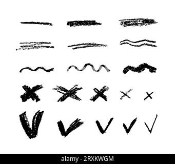 Farbstiftbetonung. Schwarze Kohlelinien durchstreichen. Doodle Freehand Gruppe von Kreideteilen und Rahmen, Diagramme. Gekrümmte Unterstreichungen, Wirbel, c Stock Vektor