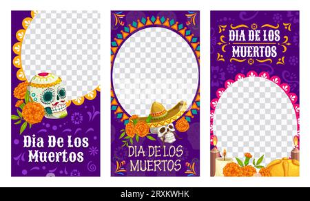 Mexikanische Banner für Social-Media-Vorlagen für Dia de Los Muertos-Feiertage. Tag des toten Feiertags. Mexikanisches Kulturplakat, Weihnachtsbanner oder Vektorrahmen mit zuckerverzierten Schädeln, Kerzen auf Altar Stock Vektor