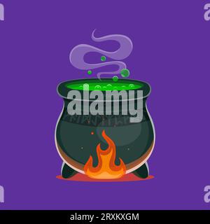 Halloween Hexentrank Kessel oder magischer Gifttopf, Comicvektor. Halloween-Feiertag, Alchemie oder Hexenkessel im Feuer mit sprudelndem, grünem, flüssigem Zaubergetränk oder Zaubertrank für die Horrornacht Stock Vektor