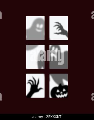 Halloween-Fenstersilhouetten von Geistern, gruseligen Kürbis- und Buschpoltergeist für den Urlaub, Vektorcartoonmonster. Halloween Horror Night Geister mit gruseligen Gesichtern und Zombie-Hand-Silhouette im Fenster Stock Vektor