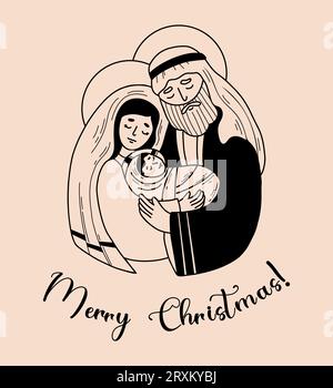 Heilige Familie. Frohe Weihnachten. Jungfrau Maria und Joseph und das Jesuskind. Geburt des Erretters Christus. Vektor-Illustration im handgezeichneten Doodle-Stil für holida Stock Vektor