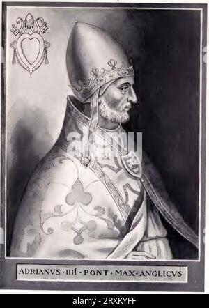 Hadrian IV (Geboren Adrian IV., als Nicholas Breakspear zwischen 1100 und 1120 in St Albans, Hertfordshire, England, verstorben 1. September 1159 in Anagni) war von 1154 bis zu seinem Tod der einzigen Papst englischer Herkunft in der Kirchengeschichte, Historisch, digital restaurierte Reproduktion von einer Vorlage aus dem 19. Jahrhundert/Hadrian IV. (* 1100 als Nikolaus Breakspear 1120 in St. Albans, Hertfordshire, England, geboren am 1. September 1159 in Anagni) war der einzige Papst englischer Herkunft in der Kirchengeschichte von 1154 bis zu seinem Tod, historisch, digital restauriert Stockfoto