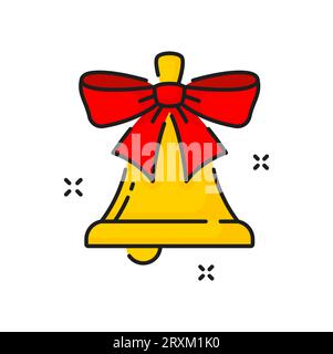 Goldene Weihnachtsglocke mit rotem Band und Schleife. Vector Weihnachtsdekoration. Klingelglocken-Symbol, Silvester- und Weihnachtszeichen Stock Vektor
