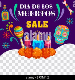 Tag der Toten Dia de Los Muertos mexikanische Feiertagsverkauf Banner Vorlage. Vector Ringelblumen, Kerzen und Zuckerschädel von Mexiko Halloween Sonderangebot Web-Poster, Calavera, Blumen, Tequila und Maracas Stock Vektor