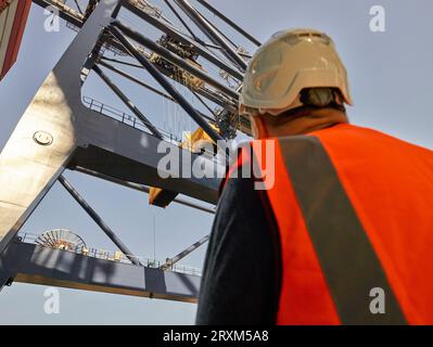 Low Angle View der Hafenarbeiter unter Kran im Hafen von Felixstowe, England Stockfoto