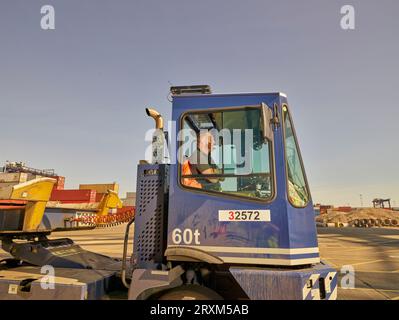 Fahrer im Fahrzeug am Hafen von Felixstowe, England Stockfoto
