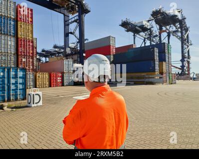 Hafenarbeiter mit hardhat am Hafen von Felixstowe, England Stockfoto