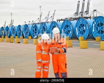 Hafenarbeiter mit digitalen Tablet am Hafen von Felixstowe, England Stockfoto