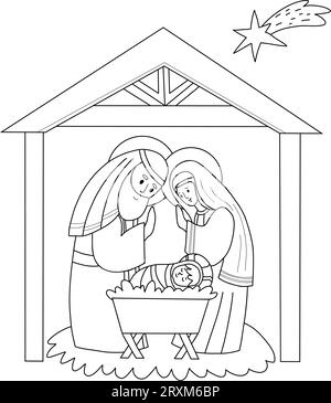 Heilige Familie Weihnachten. Die süße Jungfrau Maria, der heilige Joseph und das Baby Jesus. Geburt des Erretters Christus. Vektorillustration. Skizzieren Sie die Handzeichnung für Xma Stock Vektor