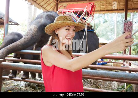 Junge Frau von selfie neben Elefanten in Ko Samui, Thailand Stockfoto