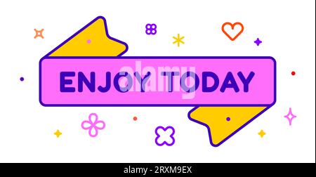 Bändchen und Banner heute genießen. Grußkarte mit Band und Wort heute genießen. Trendiges barbie-Stil barbiecore Band Banner für Karte mit Text heute genießen auf rosa Hintergrund. Vektorillustration Stock Vektor