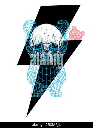 Thunderbolt Symbol T-Shirt-Design mit Skull und Teddybär. Futuristische lineare Illustration Stock Vektor