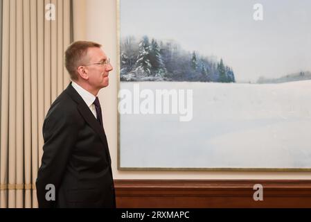 RIGA, Lettland. September 2023 26. Edgars Rinkevics (Foto), Präsident Lettlands, trifft Salome Zourabichvili, Präsident Georgiens. Quelle: Gints Ivuskans/Alamy Live News Stockfoto