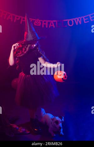 Lustige Mädchen im Hexenkostüm für Halloween mit Kürbis Jack und Hund. Stockfoto