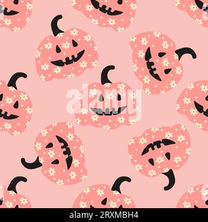 Rosafarbener Kürbis mit Blumen und Zuckermais. Nahtloses Halloween-Muster zum Einwickeln von Papier, Stoffen und Kinderkleidung. Vektorillustration Stock Vektor