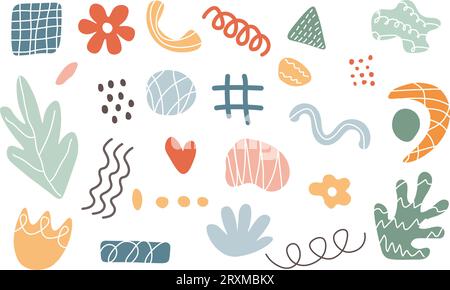 Abstrakt setzt verschiedene Formen und Doodle-Objekte. Set aus trendigen kreativen künstlerischen Elementen. Vektorillustration Stock Vektor