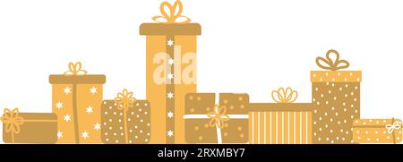 Geschenkboxen für Weihnachten. Weihnachtliches, minimalistisches, langes Banner mit Weihnachtsgeschenken. Vektorillustration Stock Vektor