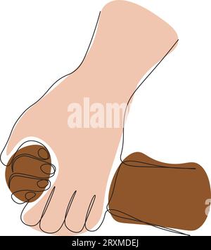 Das durchgehende, einzeilige Zeichnungselement hält das Kind in der Hand. Das Konzept der Ausschreibungsbeziehungen, gegenseitige Unterstützung. Vektorillustration Stock Vektor