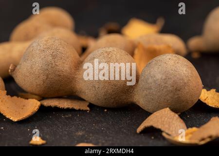 Geschlossene, lange reife Tamarindenschoten aus der Nähe, verzehrfertige ganze Tamarindenfrüchte liegen auf dem Tisch Stockfoto