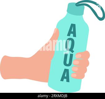 Trinken Sie mehr Wasser. Cartoon-Wasserflaschen in weiblicher Hand. Sportflasche mit Flüssigkeiten. Das Konzept eines gesunden Lebensstils, Wasserhaushalt. Bild für spo Stock Vektor