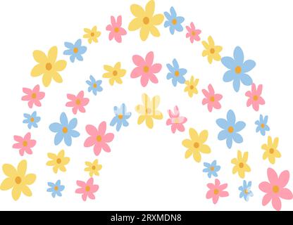 Niedlicher Regenbogen mit Blumen isoliert auf weißem Hintergrund für Kinder. Illustration in handgezeichneter Form für Poster, Drucke, Karten, Stoff, Kinderbücher Stock Vektor