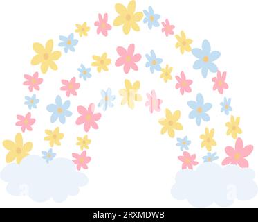 Niedlicher Regenbogen mit Blumen isoliert auf weißem Hintergrund für Kinder. Illustration in handgezeichneter Form für Poster, Drucke, Karten, Stoff, Kinderbücher Stock Vektor