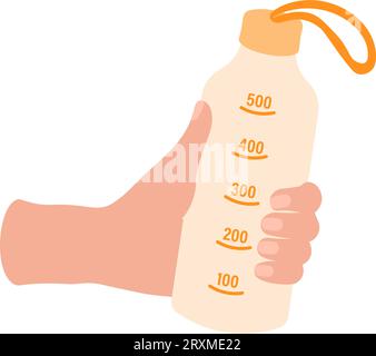 Trinken Sie mehr Wasser. Cartoon-Wasserflaschen in weiblicher Hand. Sportflasche mit Flüssigkeiten. Das Konzept eines gesunden Lebensstils, Wasserhaushalt. Bild für spo Stock Vektor