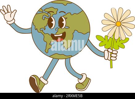 Erdtag. Der süße Planet im Retro-Stil. Umweltverträgliches Konzept. Vektorillustration Stock Vektor