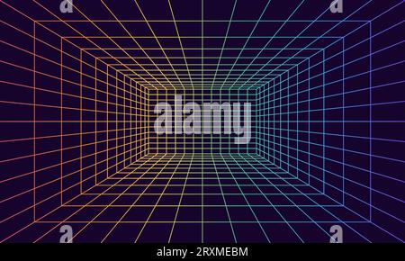 Rasterraum perspektivisch im 3D-Stil. Drahtmodell für den Innenbereich aus Regenbogenlaserstrahl, digitale leere Box. Abstraktes geometrisches Design. Vektorillustration Stock Vektor