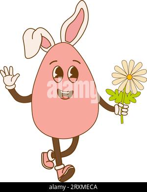 Grooviges Retro-Ei. Hippie-Happy-Ei im Retro-Cartoon-Stil. Alles Gute zum Ostertag. Vektorillustration Stock Vektor