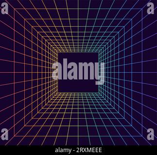 Rasterraum perspektivisch im 3D-Stil. Drahtmodell für den Innenbereich aus Regenbogenlaserstrahl, digitale leere Box. Abstraktes geometrisches Design. Vektorillustration Stock Vektor