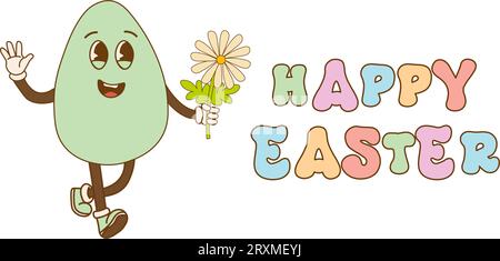 Grooviges Retro-Ei. Hippie-Happy-Ei im Retro-Cartoon-Stil. Alles Gute zum Ostertag. Vektorillustration Stock Vektor
